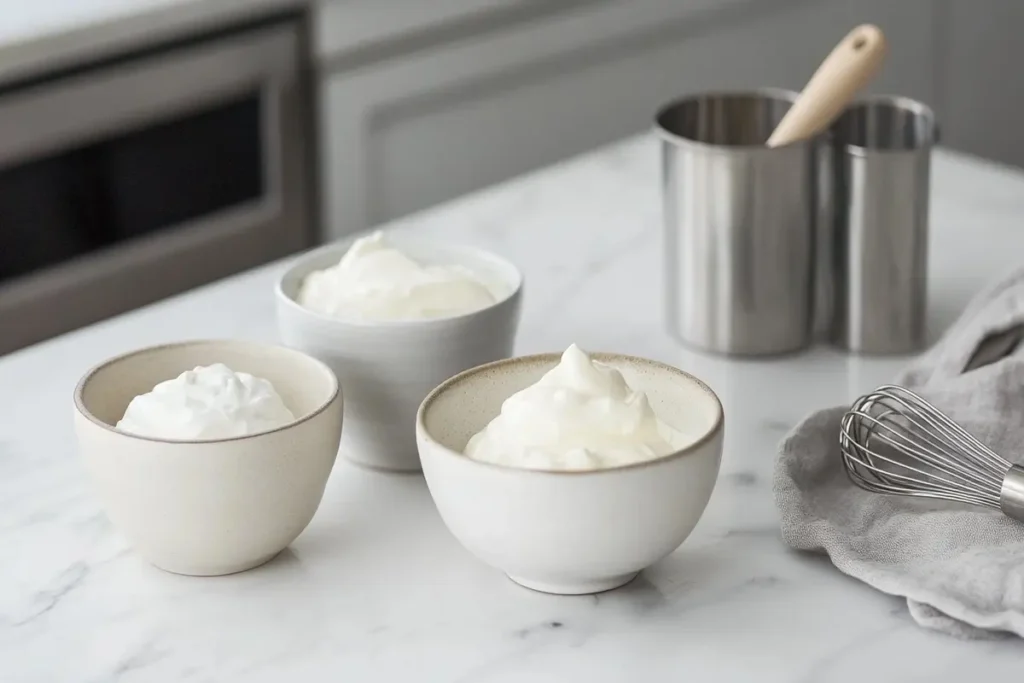 How to make butter cake more moist? Buttermilk, yogurt, and sour cream in ceramic bowls on a white marble kitchen counter.