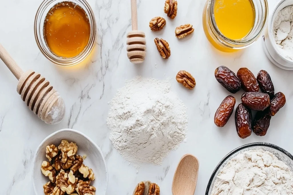 Whole wheat flour, walnuts, dates, and honey arranged on a white marble kitchen counter