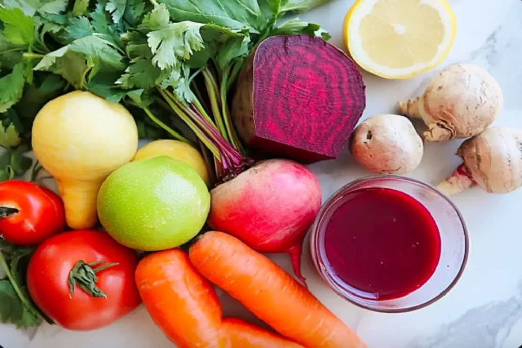 Beet and carrot juice surrounded by fresh produce.