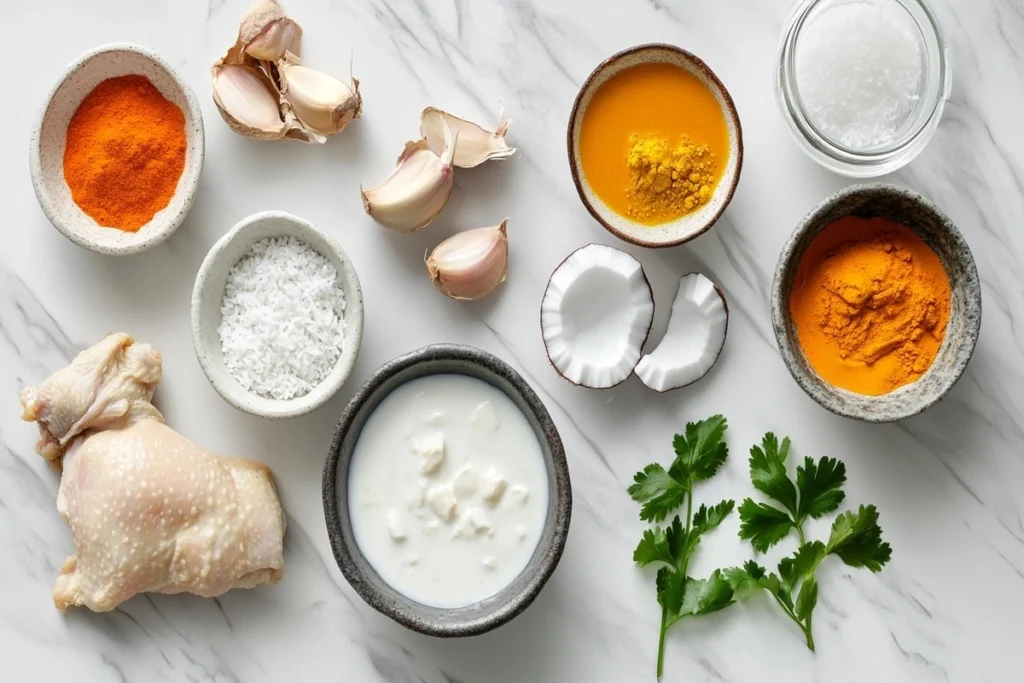 Key nutritious ingredients in coconut curry chicken soup, including turmeric, coconut milk, and chicken.