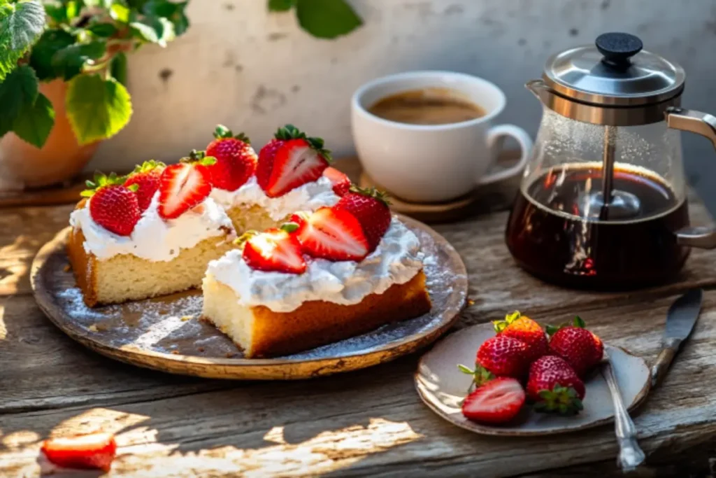 A cozy setting featuring a cup of hot coffee next to a plate with a slice of vegan pound cake.