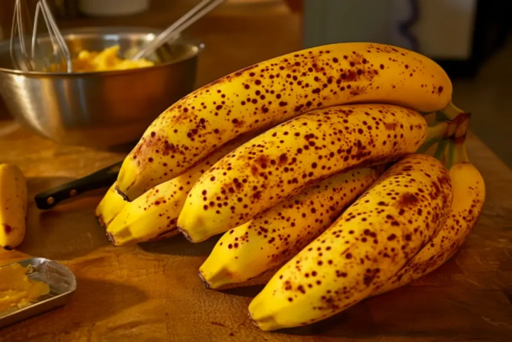 A bunch of ripe bananas with brown spots on a wooden countertop.