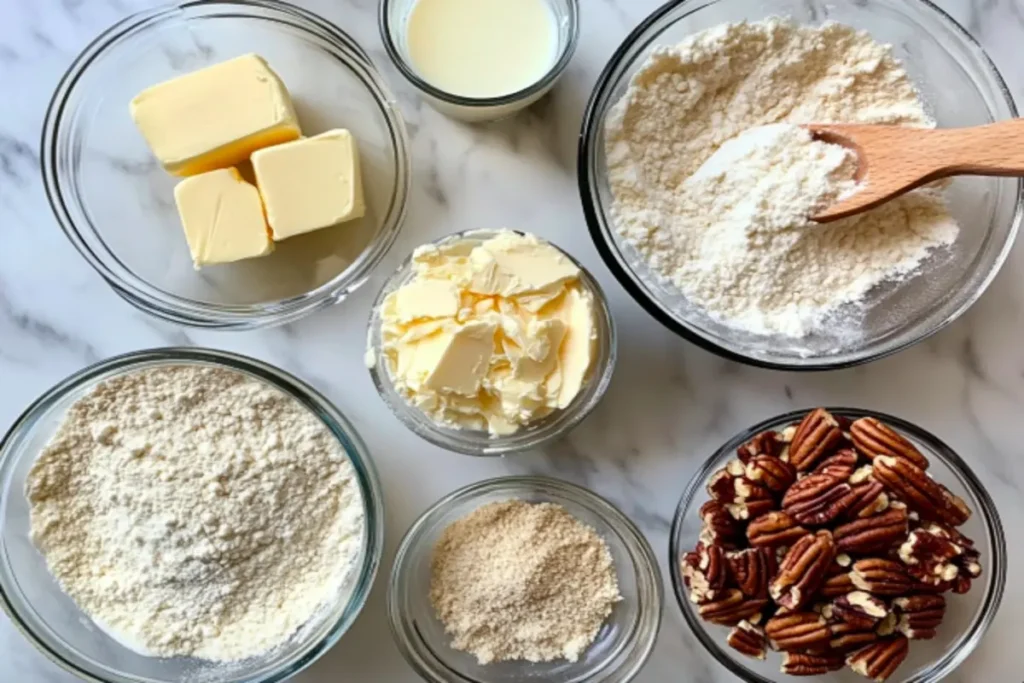 A flat lay of Butter Pecan Pound Cake ingredients, including butter, flour, sugar, eggs, milk, and toasted pecans.