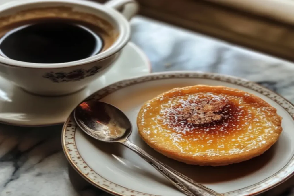 A beautifully plated crème brûlée cookie served alongside a cup of espresso, with a delicate spoon cracking into the caramelized sugar top.