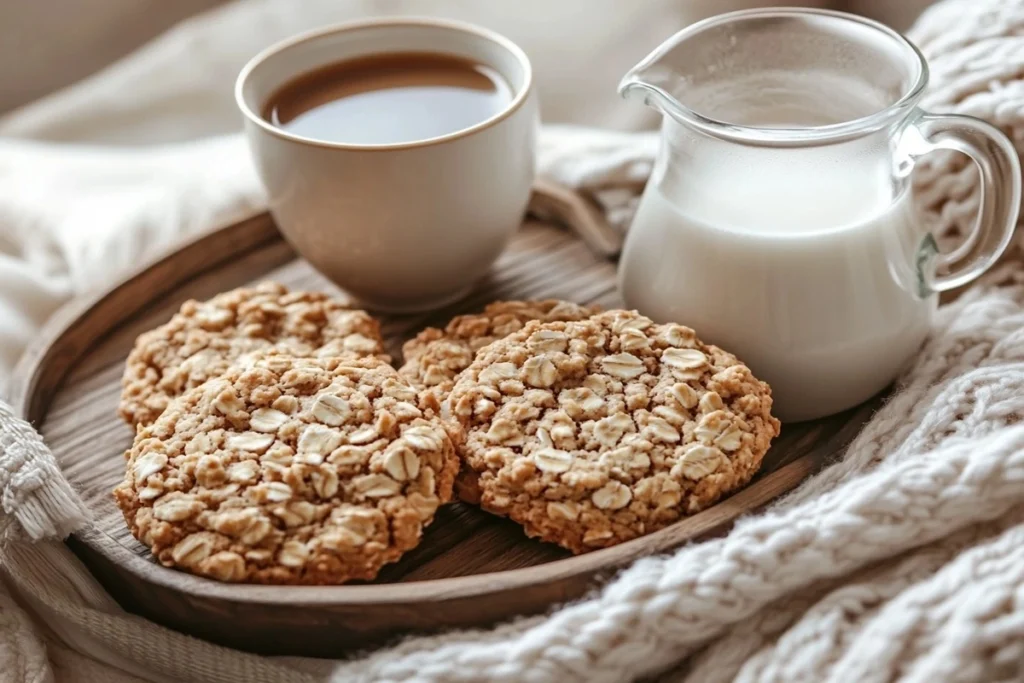 Cookies served with coffee, tea, and milk on a wooden tray.