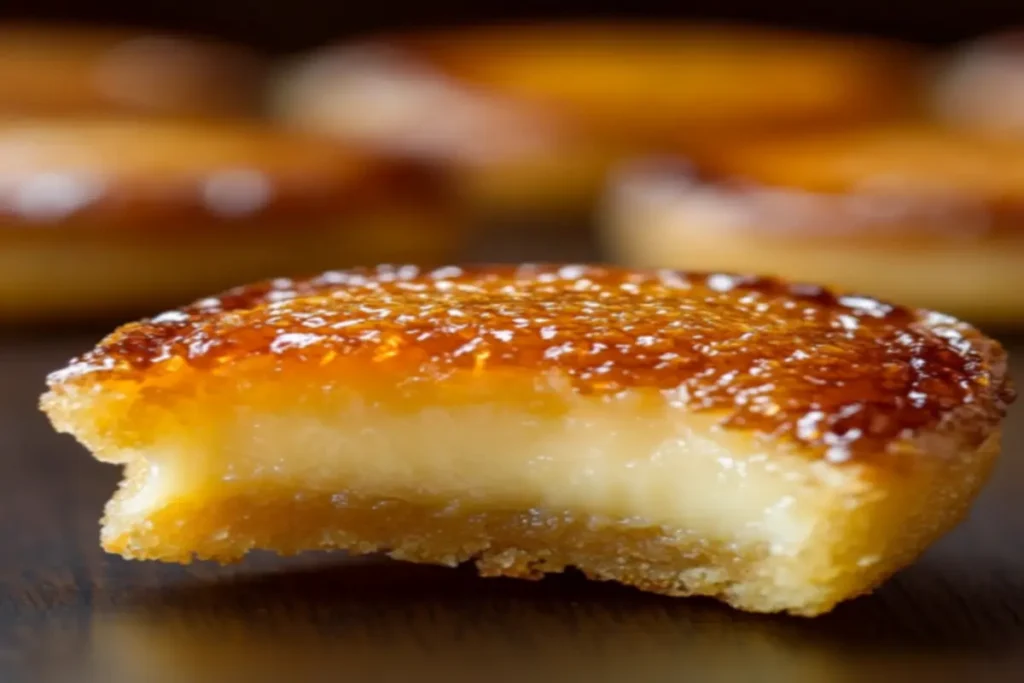 A close-up macro shot of a crème brûlée cookie being cracked open, revealing its crispy caramelized top and soft, custard-like center.