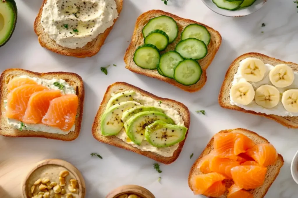 Melba toast topped with avocado, smoked salmon, hummus, and fresh berries.