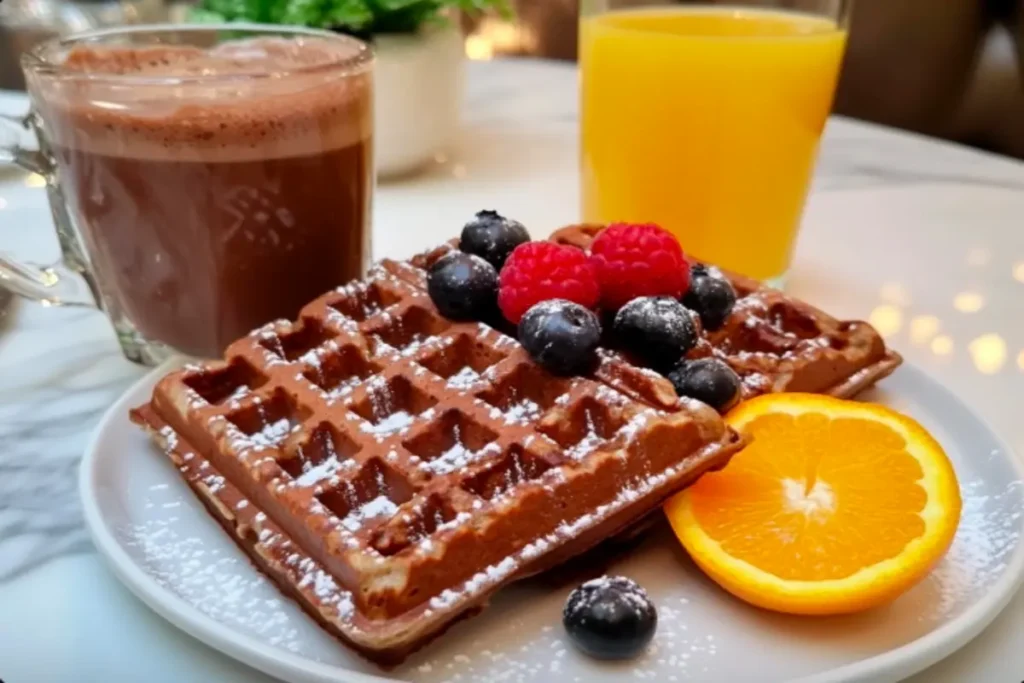 Chocolate waffles paired with coffee, juice, and smoothies