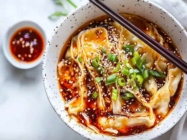 A beautifully presented bowl of wonton noodle soup with fresh herbs and sesame seeds.