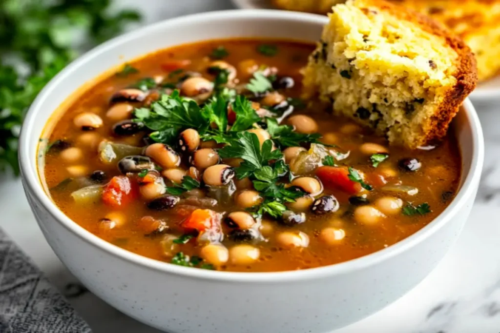 A comforting bowl of Black-Eyed Pea Soup with cornbread and fresh parsley.