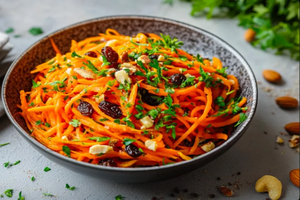 A bowl of carrot salad with raisins, nuts, and herbs on a dining table