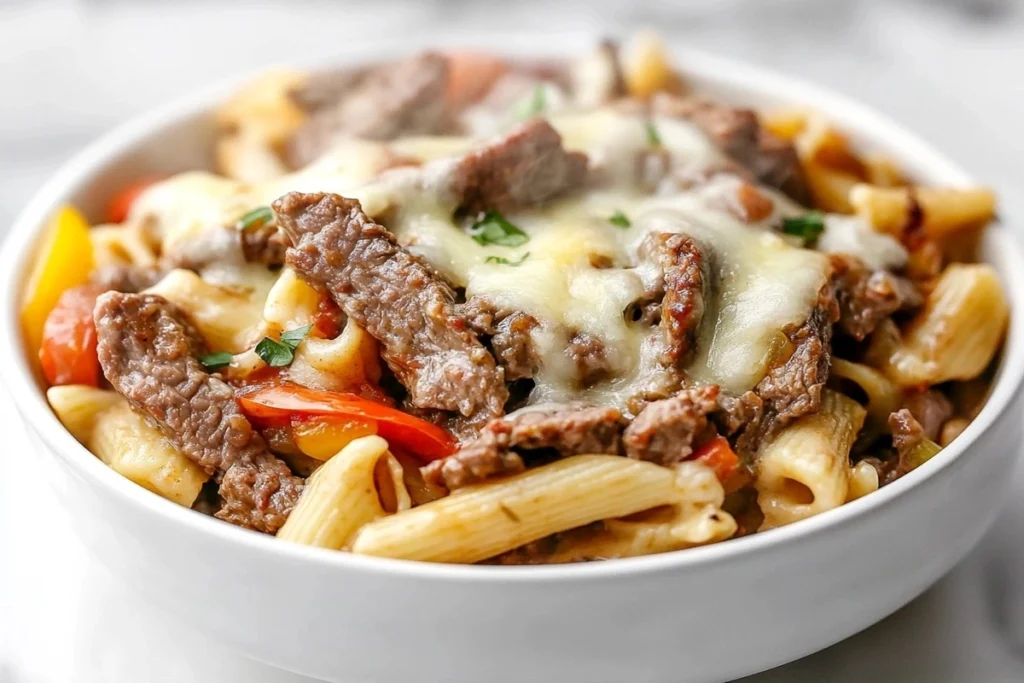 A close-up of Philly cheesesteak pasta with creamy cheese sauce, beef, and vegetables.