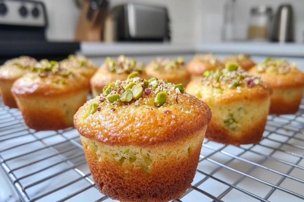 Golden-brown pistachio muffins topped with crushed pistachios on a cooling rack.