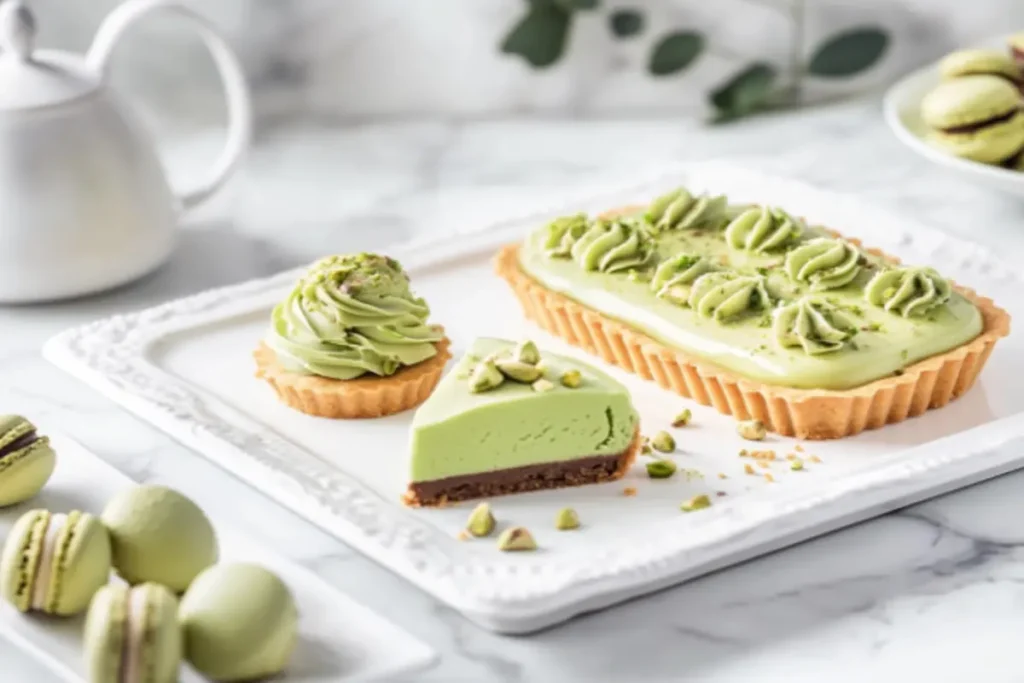 A selection of gourmet desserts featuring pistachio paste, including gelato, tart, and macarons.