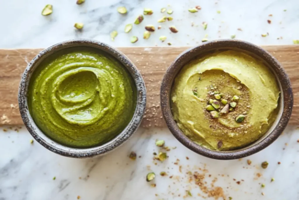 Two bowls side by side, one with smooth pistachio paste and the other with pistachio butter, showing texture differences.