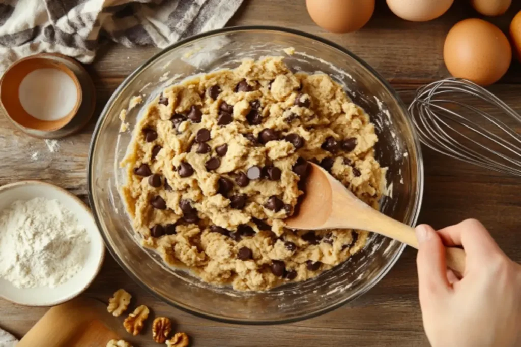 A hand mixing banana bread cookie dough in a glass bowl with a wooden spoon.