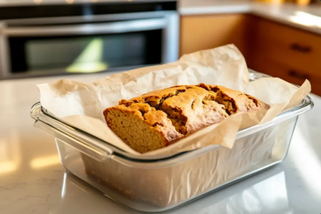 Sliced banana pumpkin bread stored in an airtight container with parchment-wrapped slices.