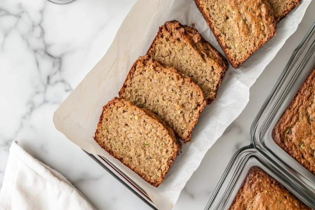 Keto zucchini bread slices stored in glass containers