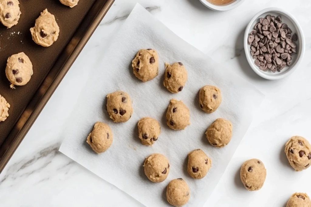 Small keto cookie dough balls arranged on parchment paper