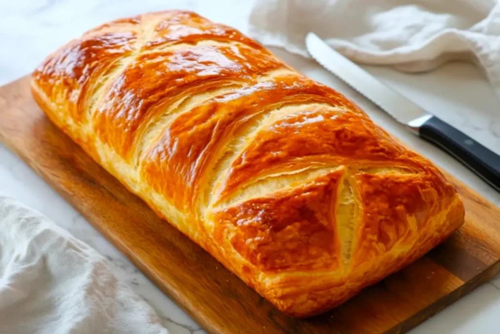 A freshly baked rectangular croissant bread loaf with a golden, flaky crust and soft, structured crumb, resting on a wooden cutting board with a bread knife.