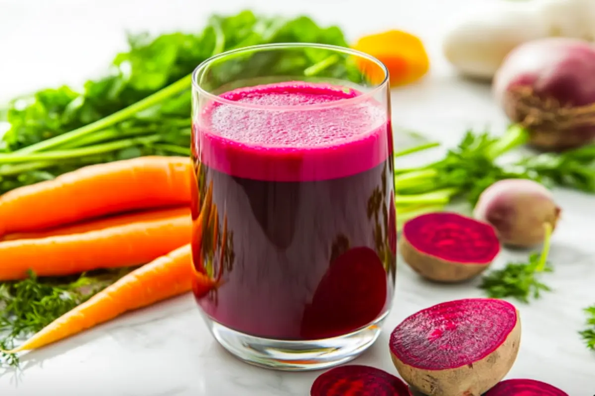 A glass of beet and carrot juice with fresh ingredients