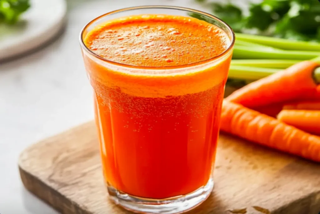 A glass of carrot and celery juice with fresh ingredients