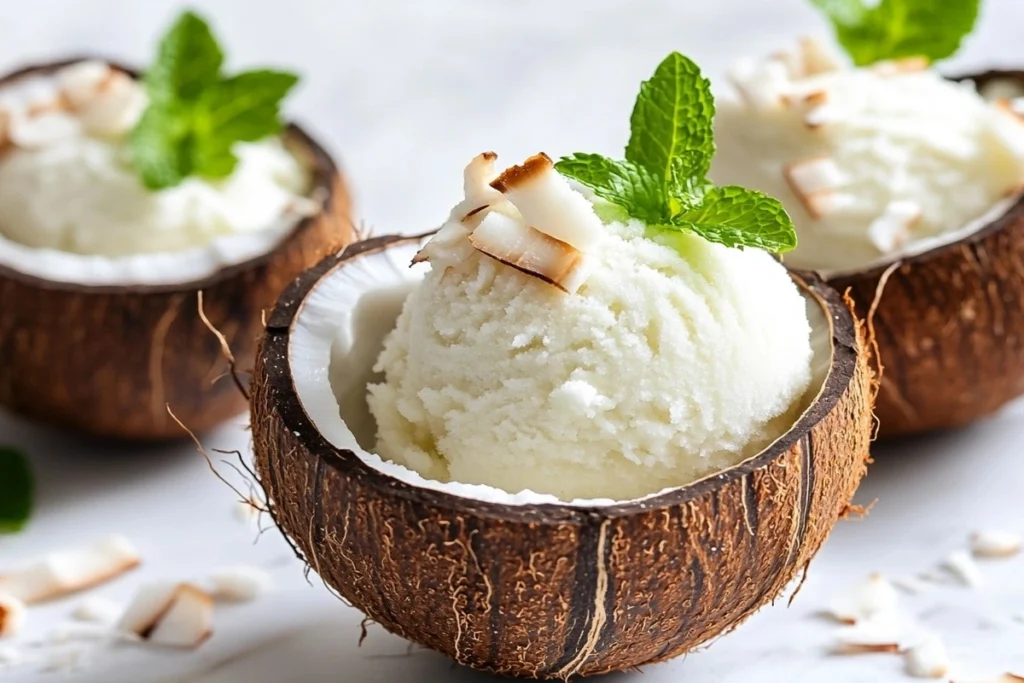 Coconut sorbet served in a coconut shell with mint leaves