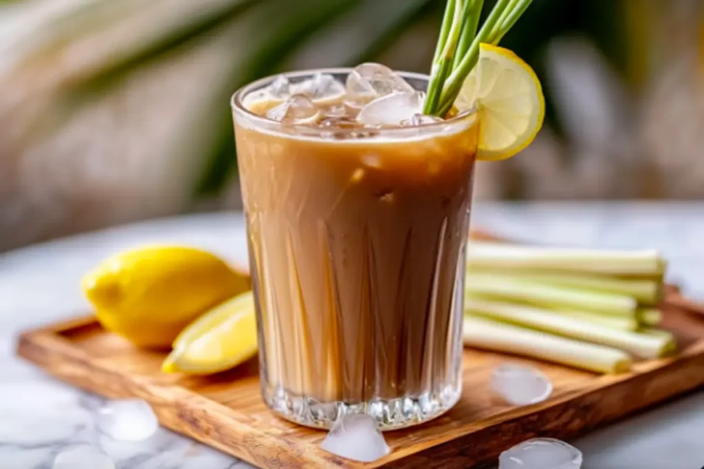 A tall glass of iced lemongrass coffee garnished with a lemongrass stalk and lemon slice, with ice cubes scattered around.