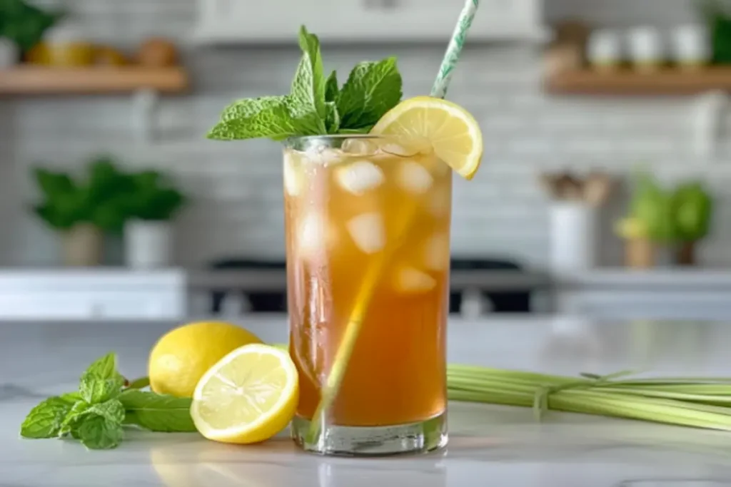 A glass of iced lemongrass tea with mint and lemon slices on a tropical-themed table.