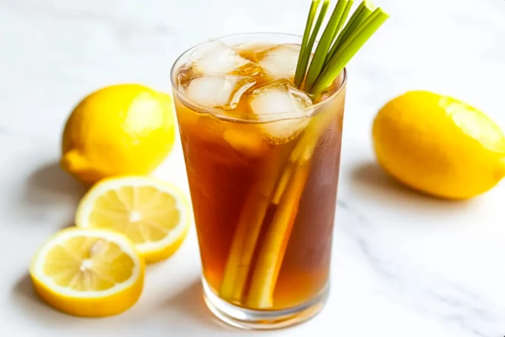 A glass of iced tea infused with lemongrass paste.