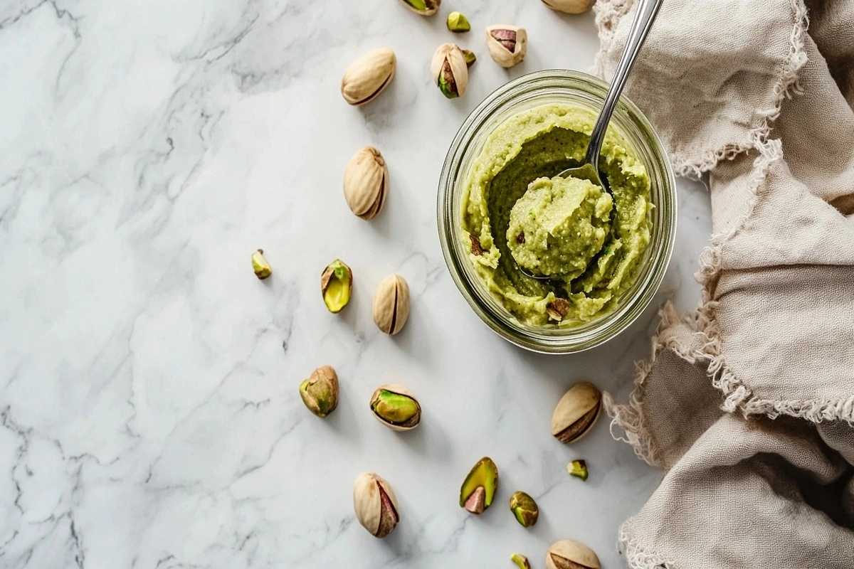 A jar of smooth pistachio paste with a spoon, placed on a white marble kitchen counter