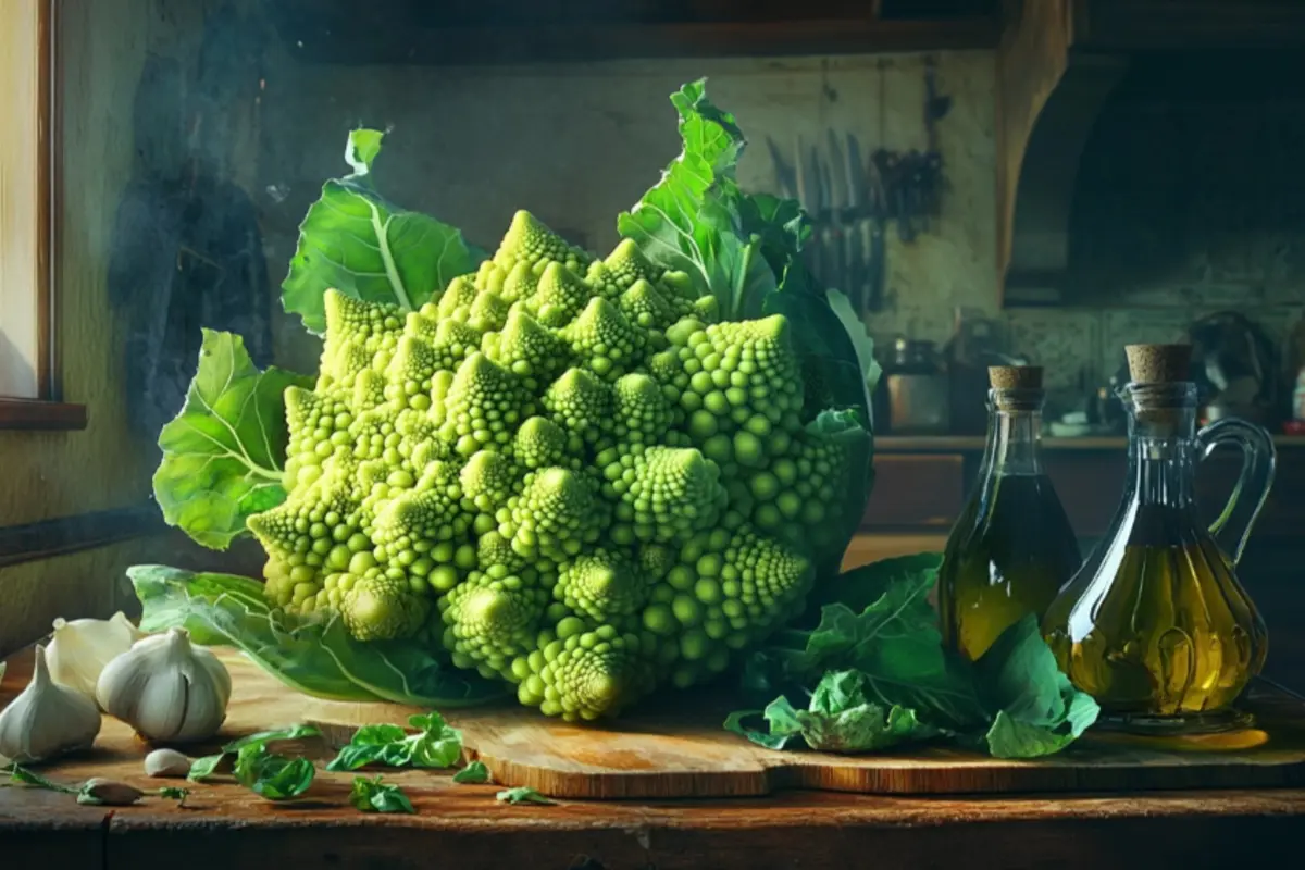 A vibrant fractal-patterned Romanesco cauliflower on a rustic wooden table, surrounded by fresh herbs, olive oil, and garlic, in a cozy kitchen with natural lighting.