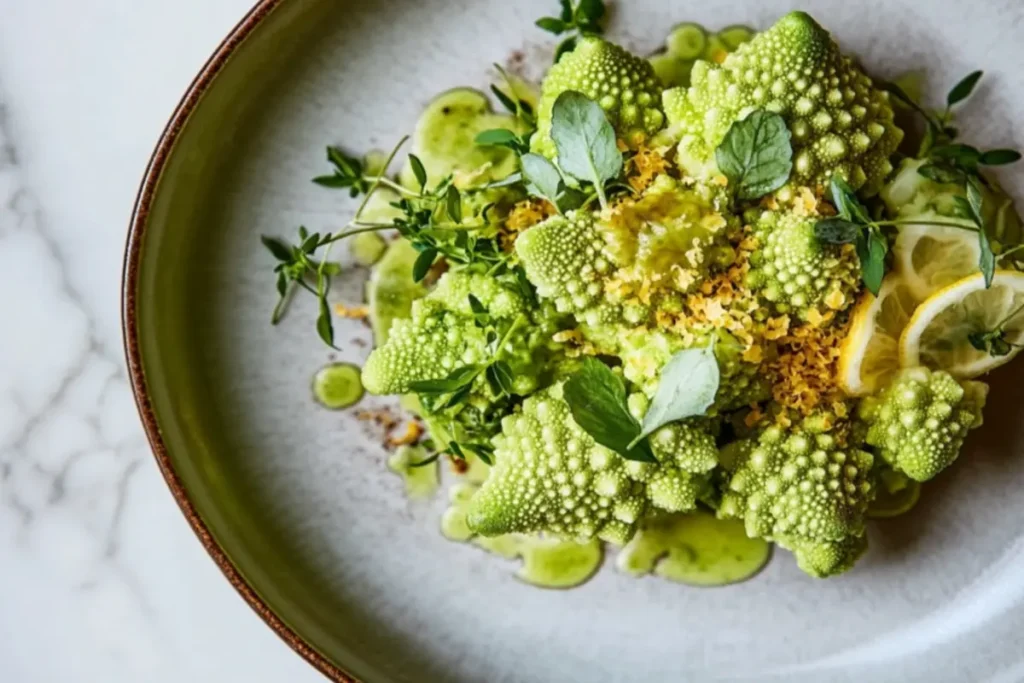 Golden-brown roasted Romanesco cauliflower with crispy edges, beautifully plated and garnished with fresh herbs and lemon zest—a delicious and visually stunning dish!