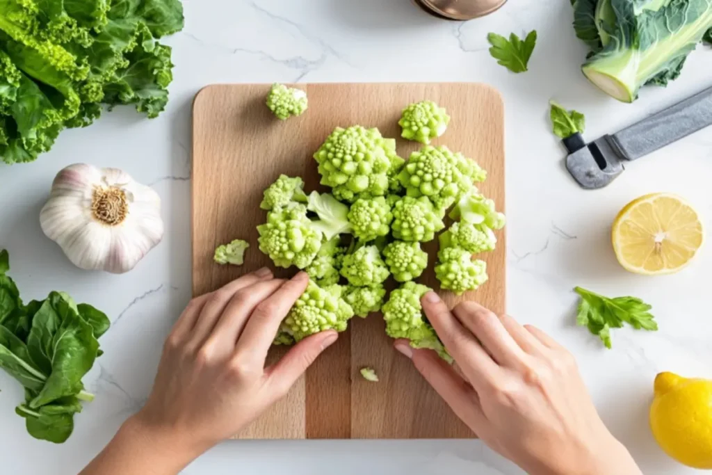 Top-down view of a chef’s hands breaking Romanesco cauliflower into small florets on a wooden cutting board, with fresh garlic and lemon nearby, illuminated by warm and natural kitchen lighting ready to cook a Romanesco Cauliflower Recipe on a white marble countertop.