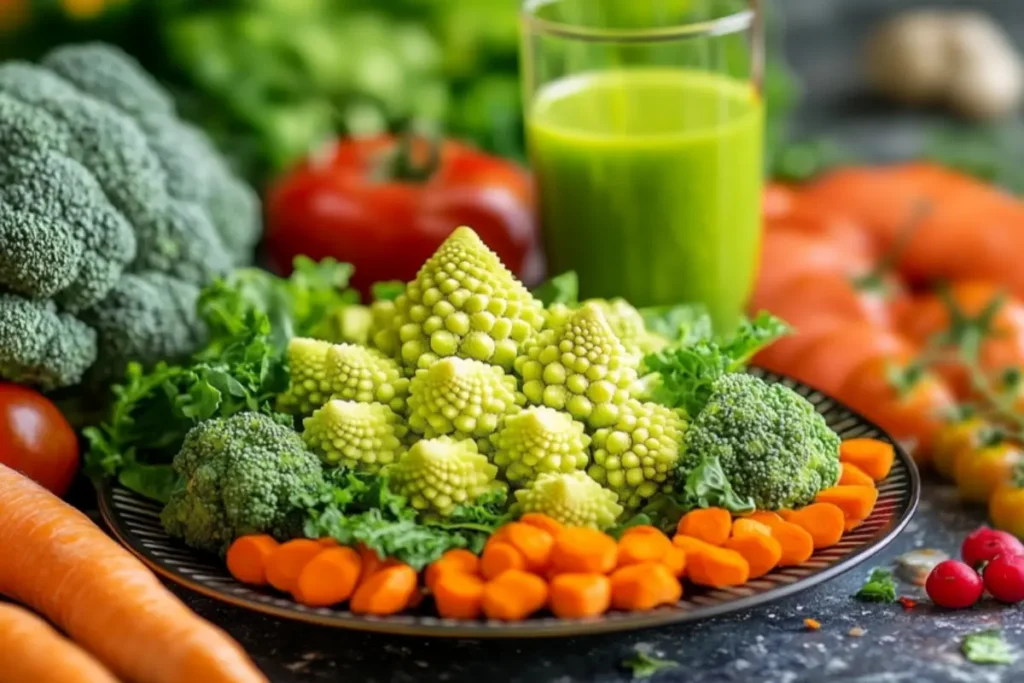 A colorful and nutritious Romanesco cauliflower dish served on a plate, surrounded by fresh vegetables like carrots, broccoli, and tomatoes, with a glass of fresh juice, vibrant and healthy, photorealistic.