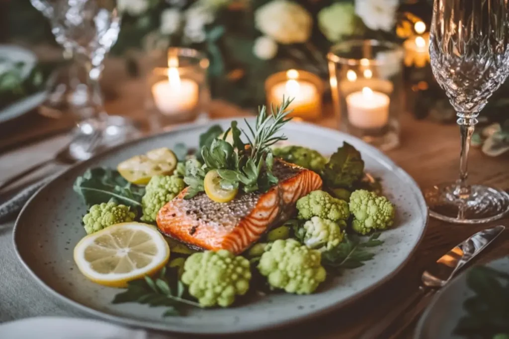 A beautifully plated Romanesco cauliflower Recipe dish with roasted florets, garnished with fresh herbs and lemon slices, served on an elegant dining table with wine glasses and candles, warm and inviting atmosphere, photorealistic.