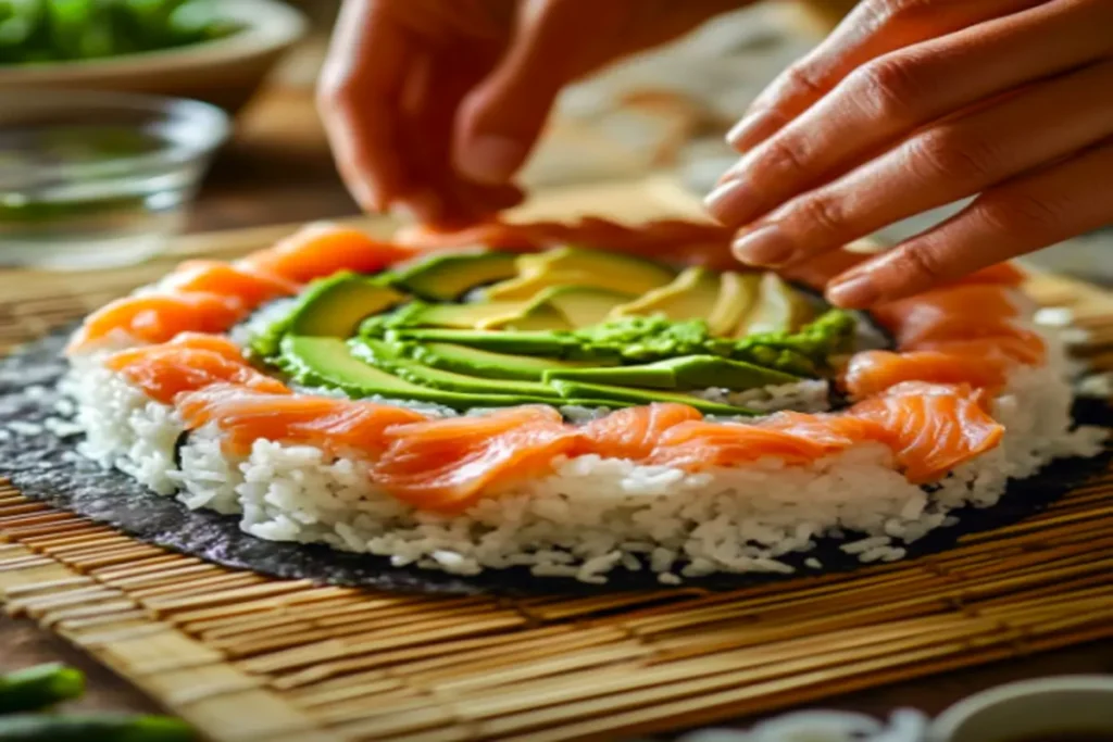 Hands pressing sushi rice into a round mold while layering fresh salmon, avocado, and cucumber to create a sushi cake.