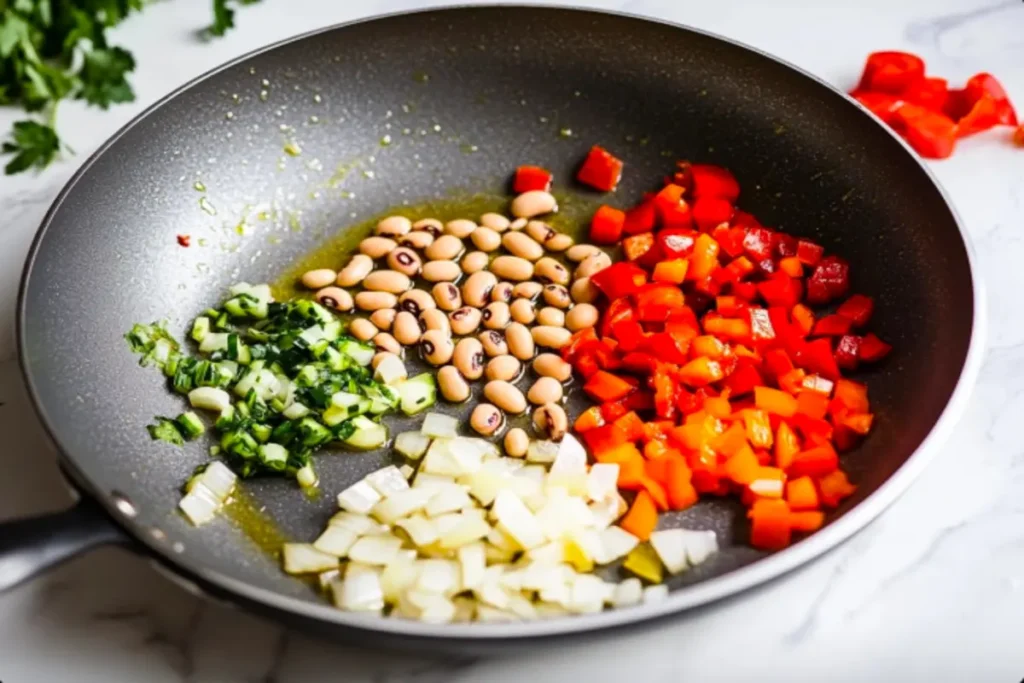 Sautéing onions and garlic in olive oil with fresh vegetables.