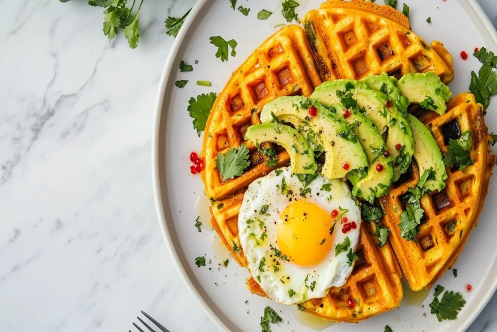 Savory herb waffles with avocado and eggs