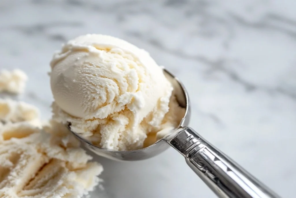 Scoop of creamy coconut sorbet being served 