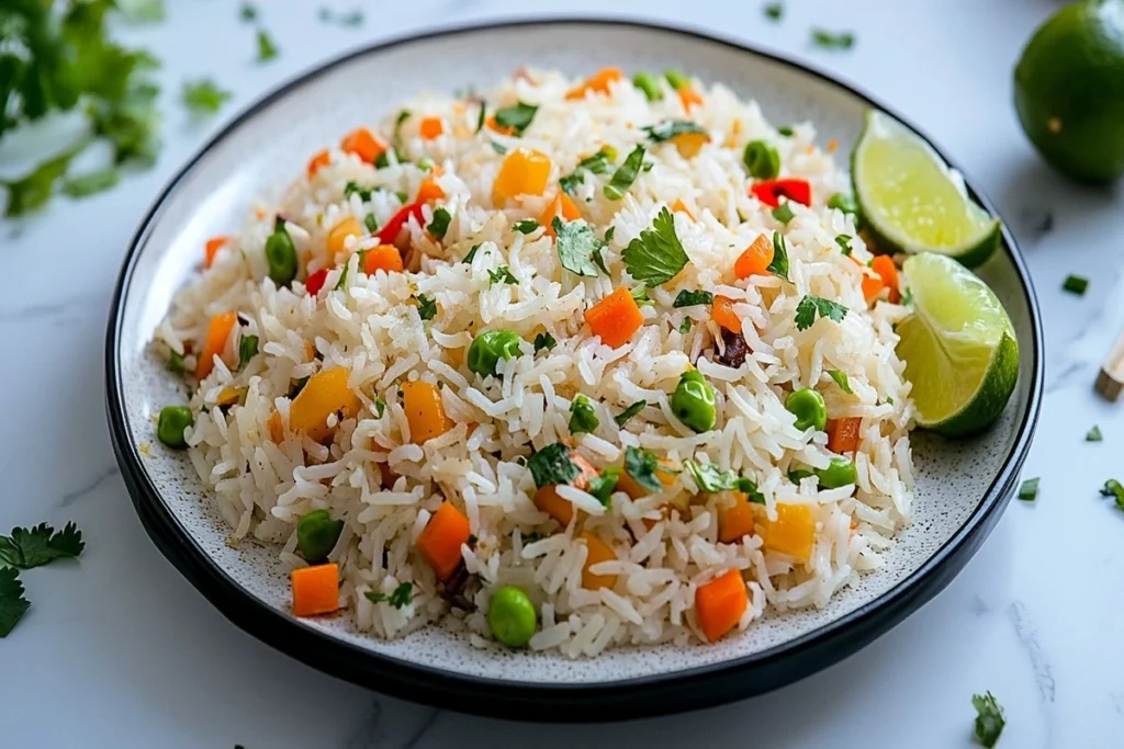 Saucepan of simmering coconut jasmine rice on a stovetop