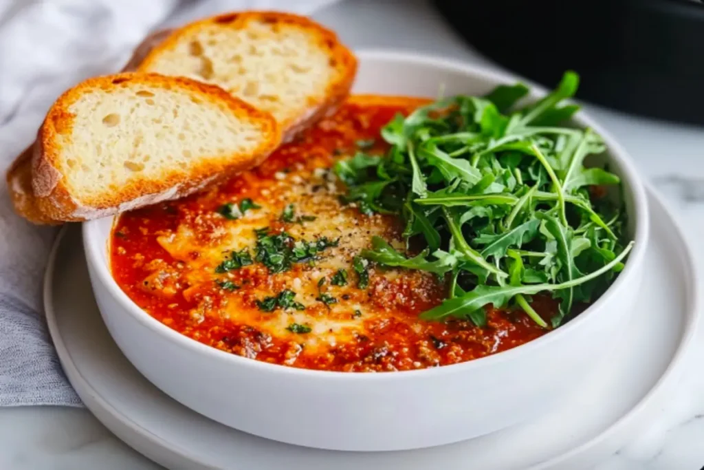 A bowl of lasagna soup with garlic bread and salad.