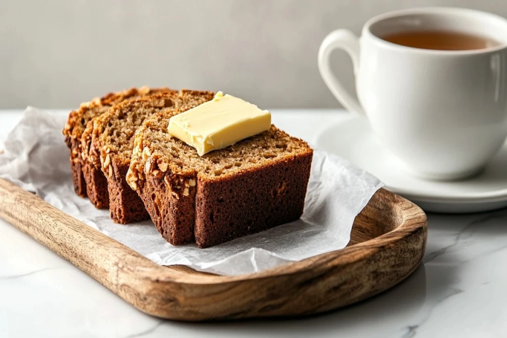 A slice of date nut bread with butter and tea on a wooden tray, placed on a white marble kitchen counter