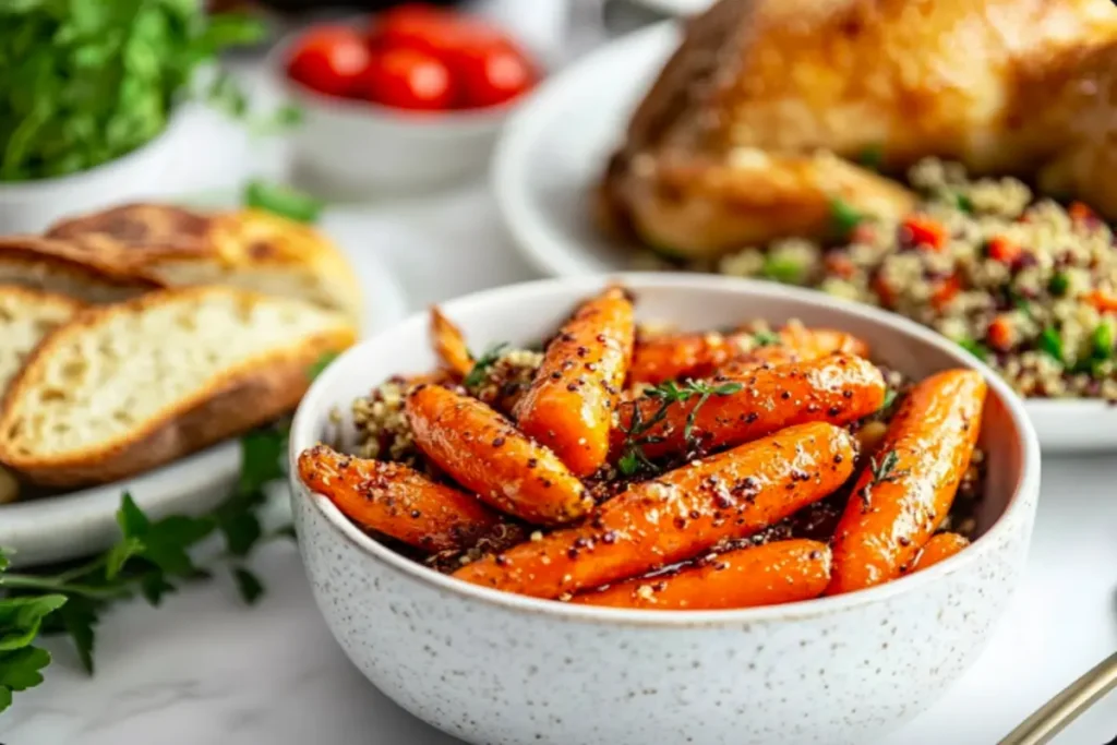 Maple glazed carrots served as part of a family meal 