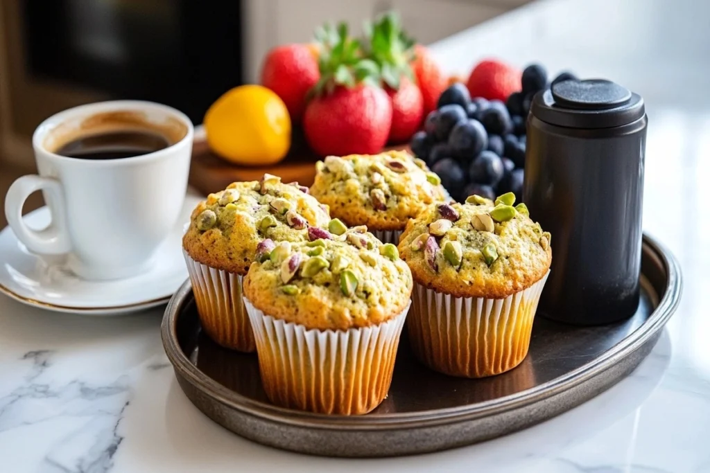 Pistachio muffins served with coffee and fruit on a breakfast tray