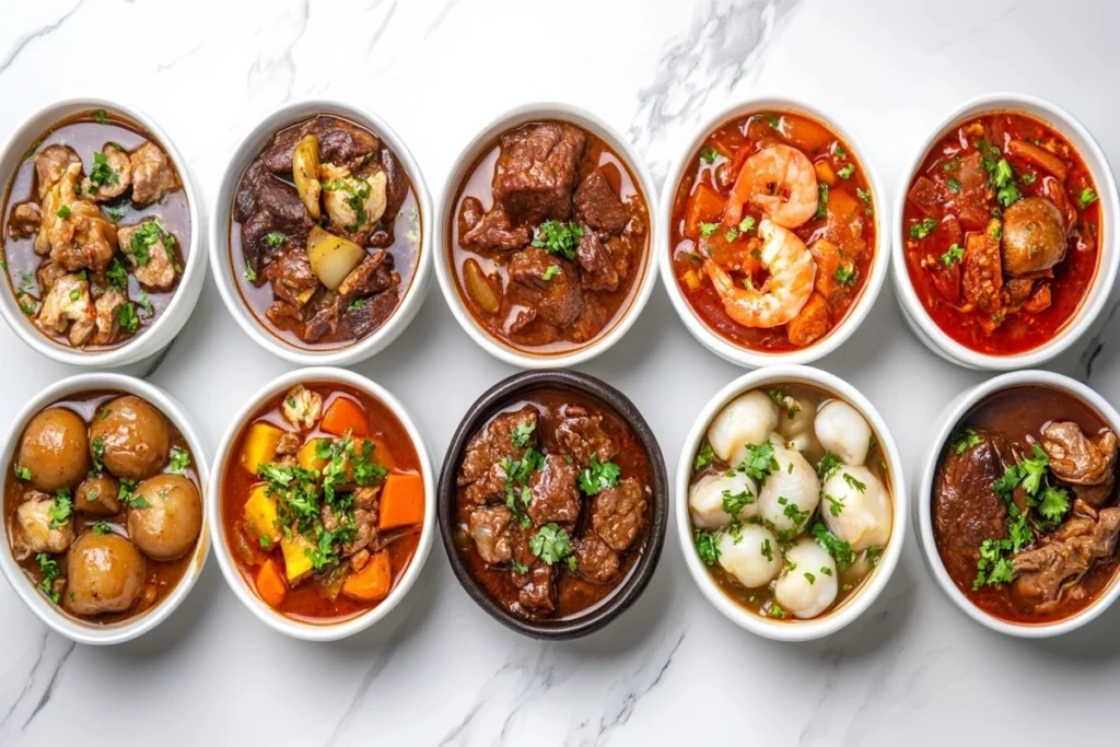 Different variations of Beef Bourguignon displayed on marble counter