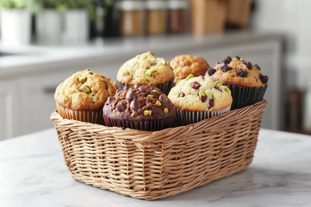 Assorted pistachio muffins in a basket on a marble countertop