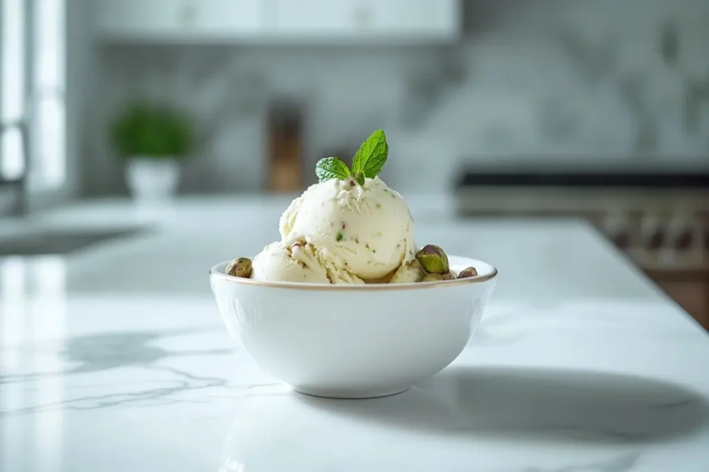 A scoop of pistachio gelato in a vintage bowl, garnished with whole pistachios and mint.