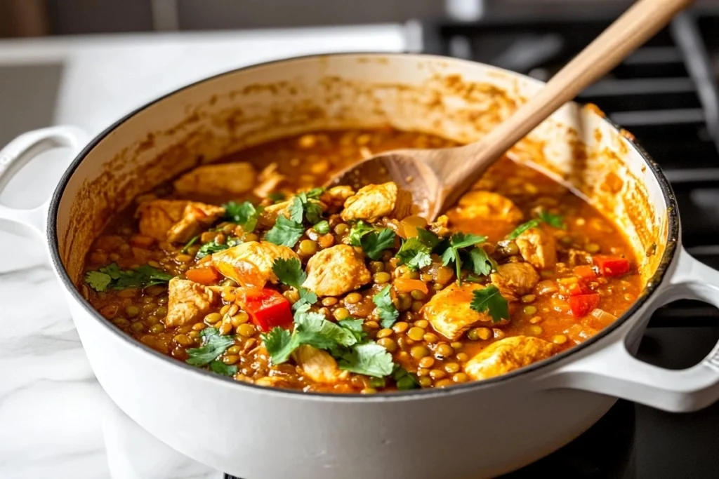 A pot of chicken lentil curry simmering on the stove, with steam rising from it.