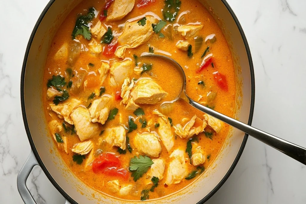 Coconut curry chicken soup simmering in a large pot with steam rising.